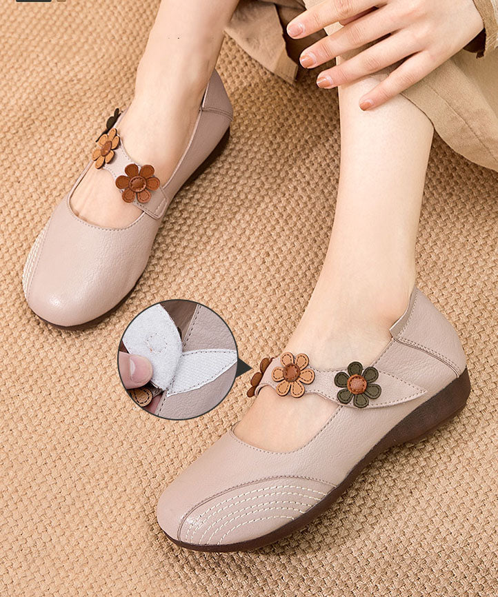 Boho Buckle Strap Flat Shoes For Apricot Floral Cowhide Leather