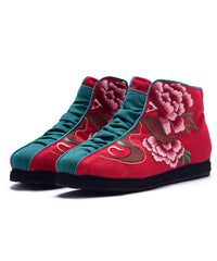 Casual Embroideried zippered Splicing Boots Red Linen Fabric Ankle boots