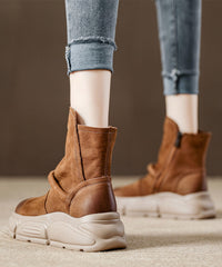 Handmade Khaki Cowhide Leather Splicing Platform Boots