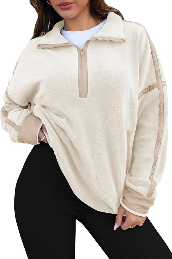 Color-blocked Trim Loose Casual Pocket Sweatshirt