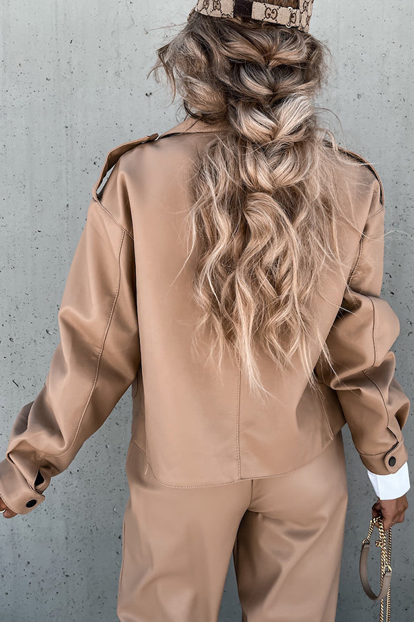 Leather Lapel Pocket British Style Cropped Jacket