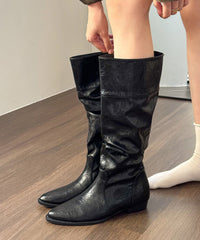 Black Faux Leather Splicing Chunky Boots Pointed Toe