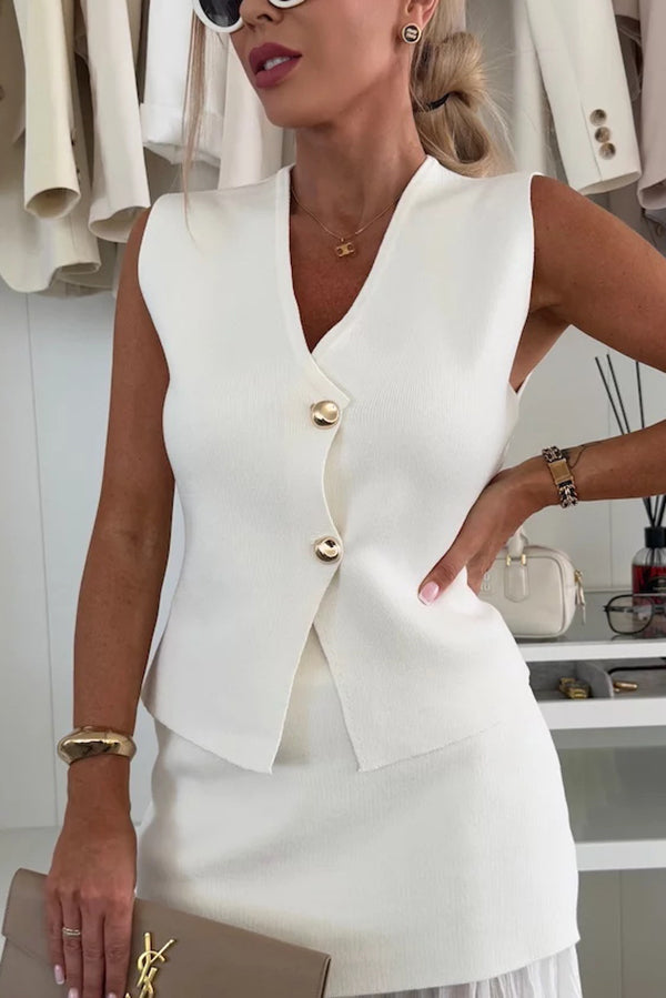 Elegant Knit Gold Buttons V-neck Loose Vest