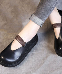 Buckle Strap High Wedge Heels Shoes Black Cowhide Leather