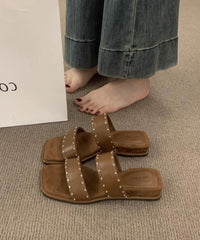 Beige Rivet Splicing Wedge Slide Sandals Peep Toe