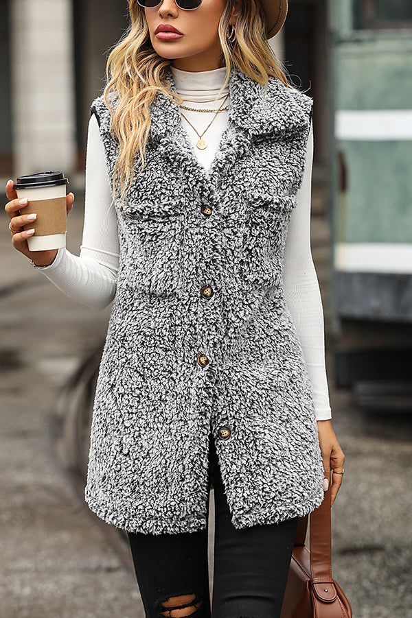 Lapel Sleeveless Pocket Loose Casual Long Vest Coat