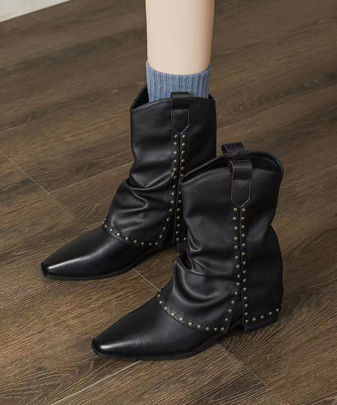 Classy Rivet Splicing Chunky Boots Black Faux Leather