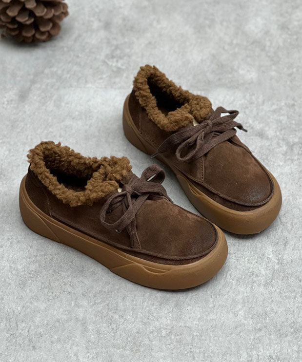 Chocolate Flats Lace Up Flat Shoes For Fuzzy Wool Lined