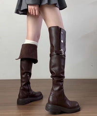 New Versatile Brown Faux Leather Splicing Knee Boots