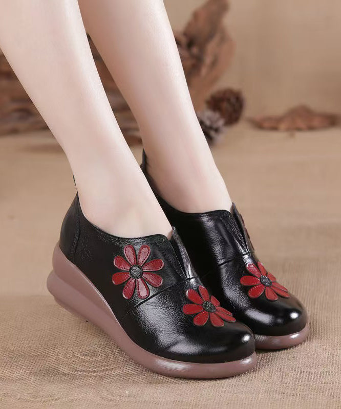 Vintage Brown Cowhide Leather Wedge Heels Shoes Splicing Floral
