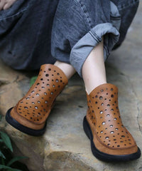 Cowhide Leather Boots Handmade Splicing Hollow Out Brown