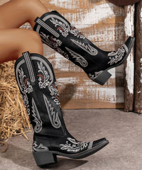 Chic Black Splicing Faux Leather Chunky Boots Embossed