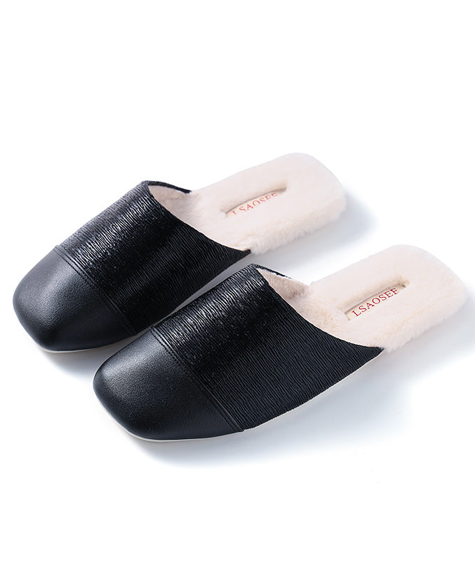 Silver Slippers Shoes Splicing Fuzzy Wool Lined