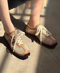 Black Breathable Mesh Splicing Cowhide Leather Flat Shoes