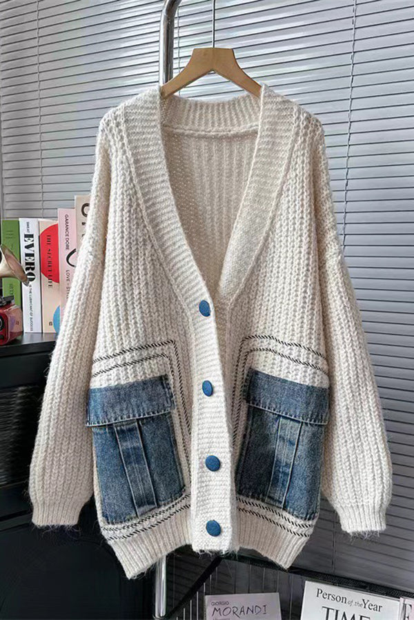 Loose Spliced denim Pocket Knitted Sweater Cardigan