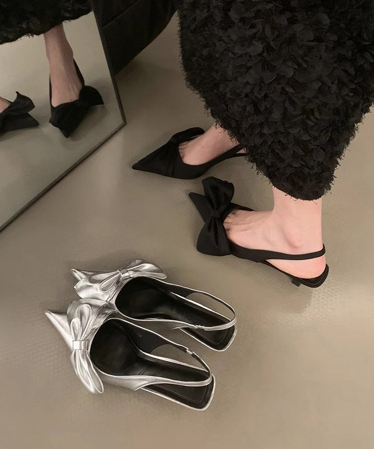 Silver Bow High Heel Sandals Pointed Toe Faux Leather
