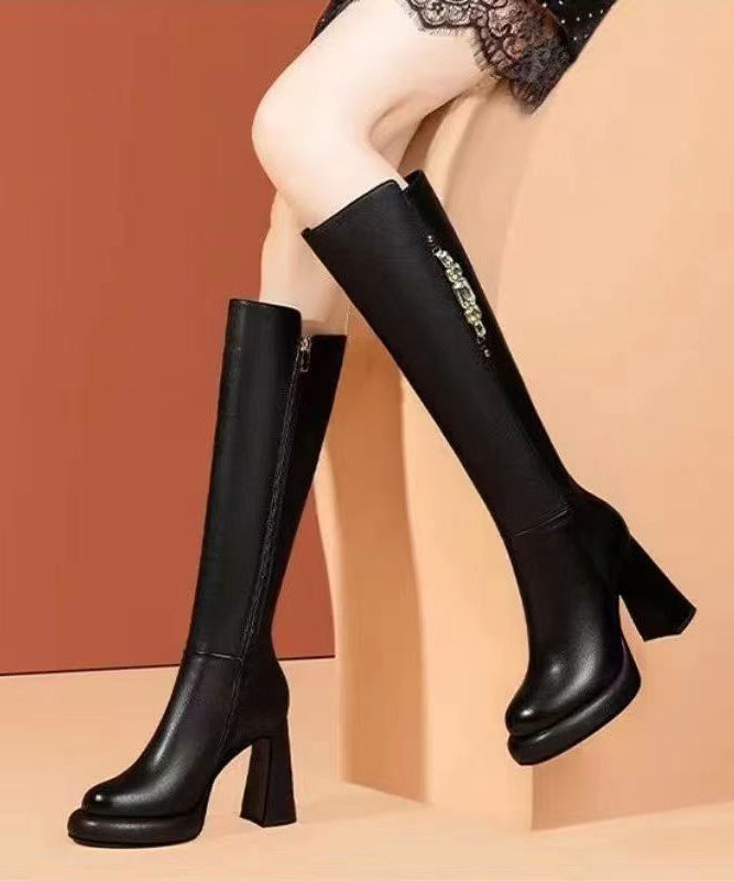 Chunky Heel Long Boots Black Cowhide Leather