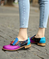 Colorblock Splicing Chunky Flat Shoes Cowhide Leather
