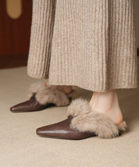 Black Women Cowhide Leather Comfy Splicing Flats Fuzzy Wool Lined