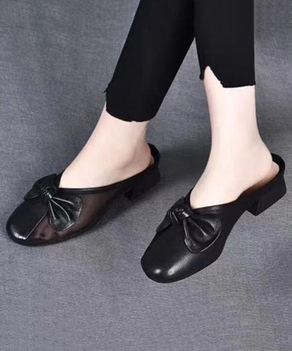 Bow Tulle Splicing Chunky Yellow Cowhide Leather Slide Sandals