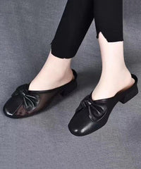 Bow Tulle Splicing Chunky Yellow Cowhide Leather Slide Sandals