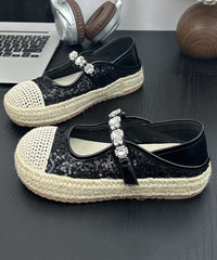 Beige Sequins Zircon Buckle Strap Splicing Platform Flat Shoes