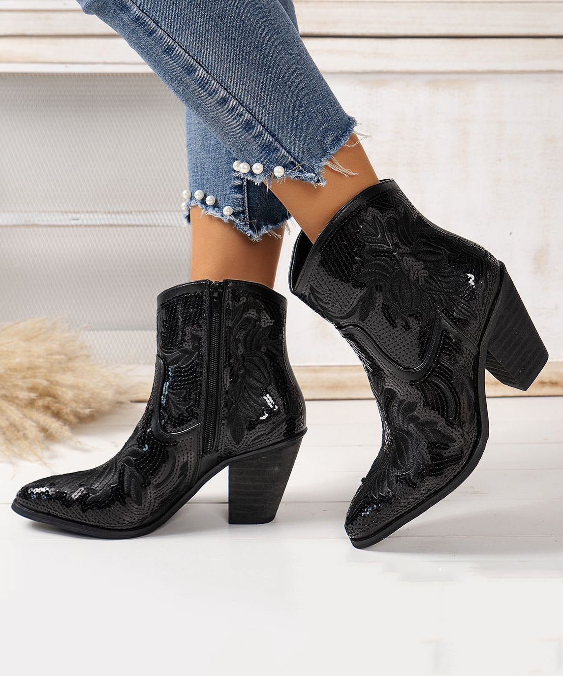 Chic Black Embossed Sequins Cotton Fabric Chunky Ankle Boots
