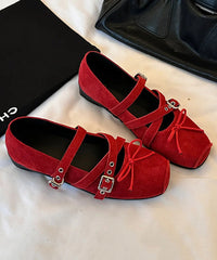 Red Bow Cross Strap Splicing Boutique Suede Wedge Shoes