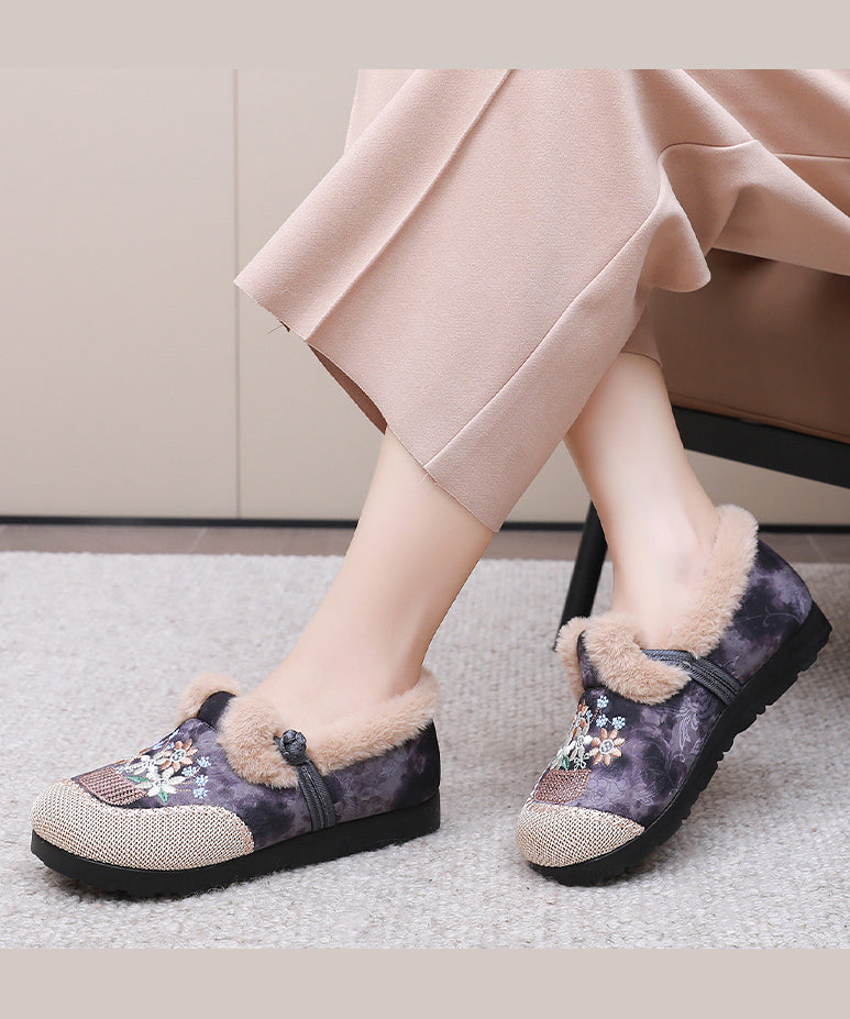 Comfy Embroidery Flat Feet Shoes Red Fuzzy Wool Lined