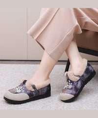 Comfy Embroidery Flat Feet Shoes Red Fuzzy Wool Lined