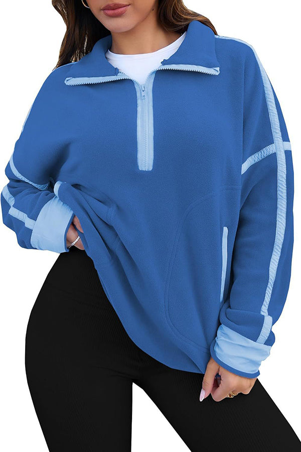 Color-blocked Trim Loose Casual Pocket Sweatshirt
