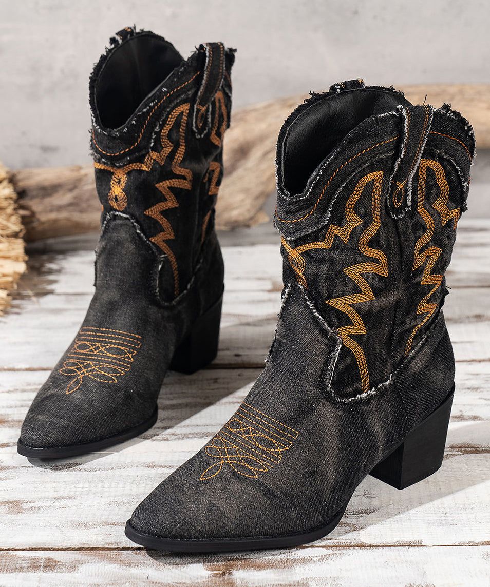 Vintage Black Embossed Boots Splicing Cowboy Chunky Boots