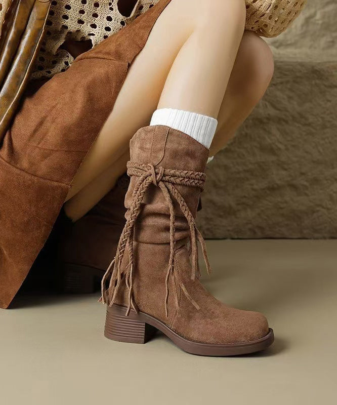Brown Chunky Suede Tassel Splicing Cowboy Boots