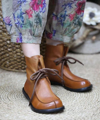 Cross Strap Splicing Boots Brown Soft Cowhide Leather