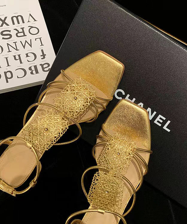 Gold Sandals High Heel Faux Leather Splicing Peep Toe