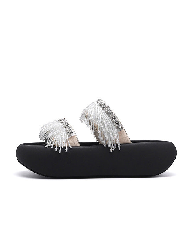 Black Tassel Splicing Platform Slide Sandals Peep Toe