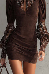 Suede Patchwork Slim-fit Long-sleeved Mini Dress