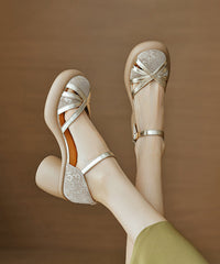 Black Cowhide Leather Chunky Heel Splicing Buckle Strap Sandals