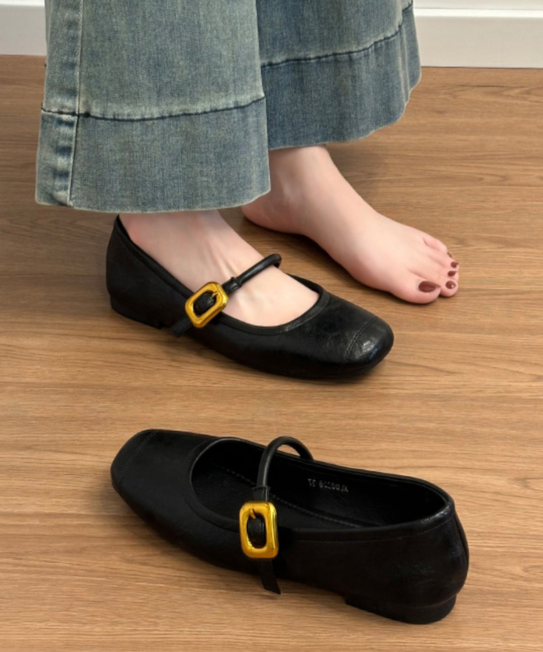 Black Cowhide Leather Chic Splicing Flat Shoes For Women