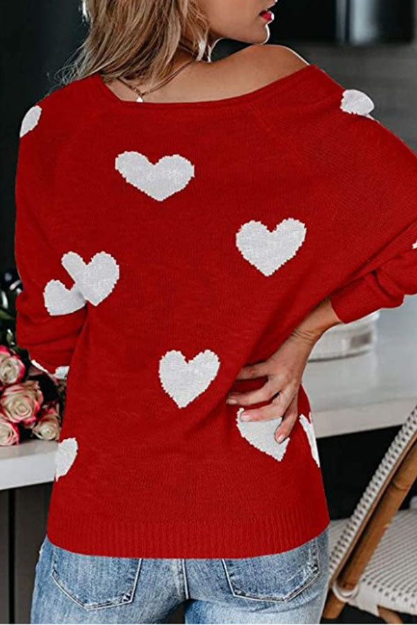 Color-blocked Heart-patterned Long-sleeved Loose Knit Sweater