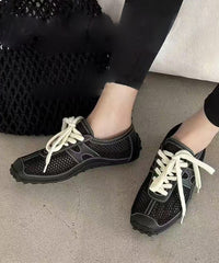 Black Breathable Mesh Splicing Cowhide Leather Flat Shoes
