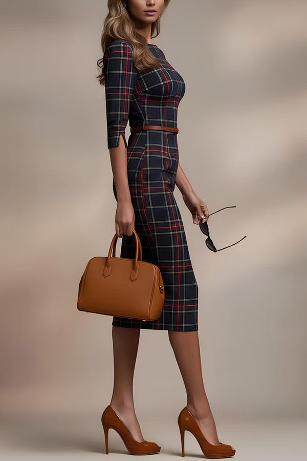 Plaid Print Half Sleeves Fitted Elegant Midi Dress