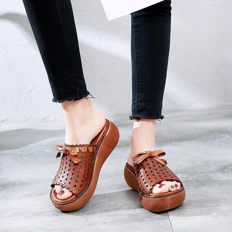Leather Vintage Hollow Out Wedge Casual Slippers