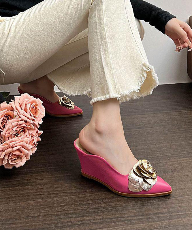 Pink Floral Wedge Heels Slide Sandals Pointed Toe