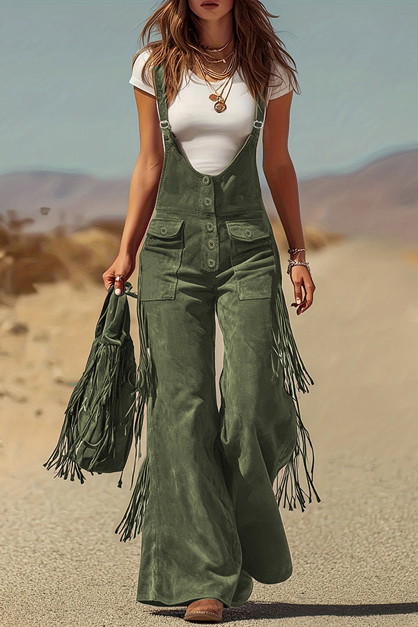 Suede Tassel Button Pocket Casual Wide-leg Overalls