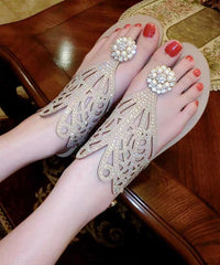 Stylish Apricot Zircon Splicing Hollow Out Chunky Sandals