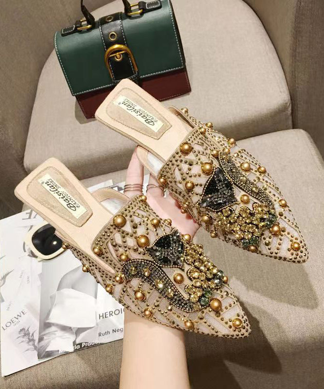 Apricot Zircon Nail Bead Pointed Toe Slide Sandals