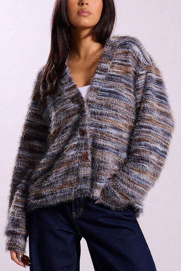 Mixed Color Loose V-neck Casual Knit Cardigan