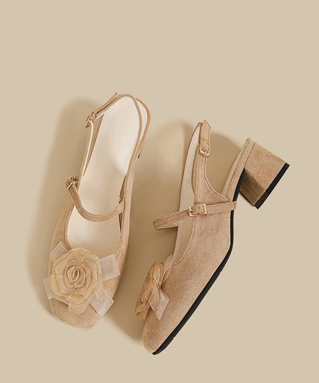 Floral Splicing Chunky Sandals Apricot Suede