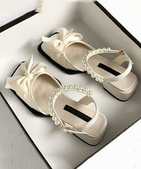 Nail Bead Bow Splicing Chunky Sandals Khaki Faux Leather